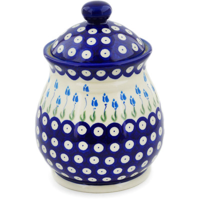 Polish Pottery Jar with Lid 8&quot; Peacock Tulip Garden