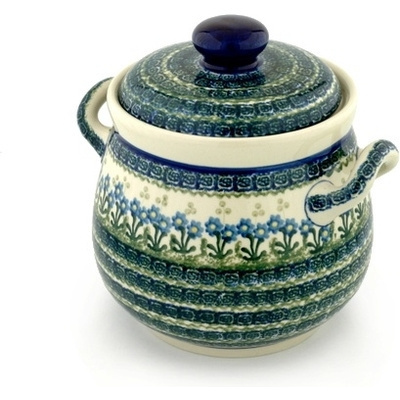 Polish Pottery Jar with Lid 9&quot; Blue Daisy Circle