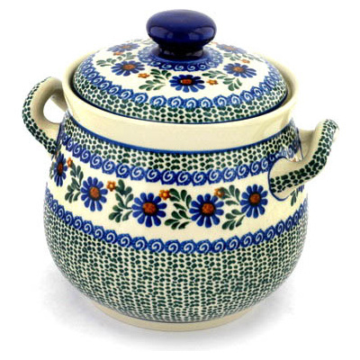Polish Pottery Jar with Lid 9&quot; Blue Daisy Meadow