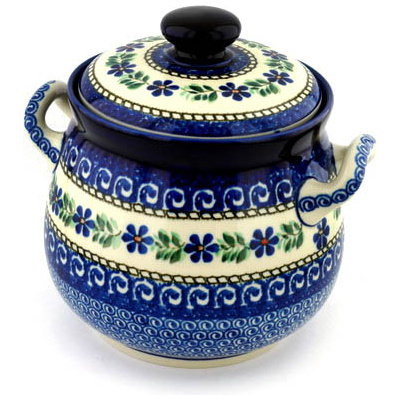 Polish Pottery Jar with Lid 9&quot; Blue Daisy Swirls