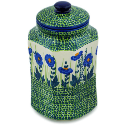 Polish Pottery Jar with Lid 9&quot; Blue Fields UNIKAT
