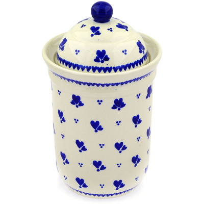 Polish Pottery Jar with Lid 9&quot; Blue Heart Trio