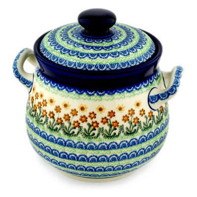 Polish Pottery Jar with Lid 9&quot; Brown Daisy Dance