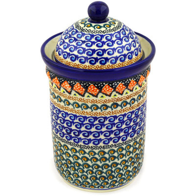 Polish Pottery Jar with Lid 9&quot; Coral Diamonds UNIKAT