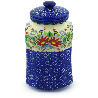 Polish Pottery Jar with Lid 9&quot; Folk Flowers UNIKAT