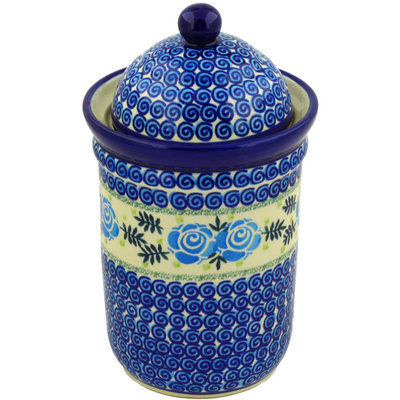 Polish Pottery Jar with Lid 9&quot; Lady Blue Roses UNIKAT