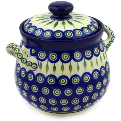 Polish Pottery Jar with Lid 9&quot; Peacock Leaves