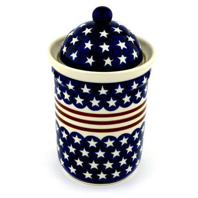 Polish Pottery Jar with Lid 9&quot; Stars And Stripes