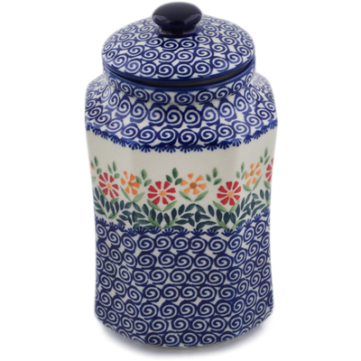 Polish Pottery Jar with Lid 9&quot; Wave Of Flowers
