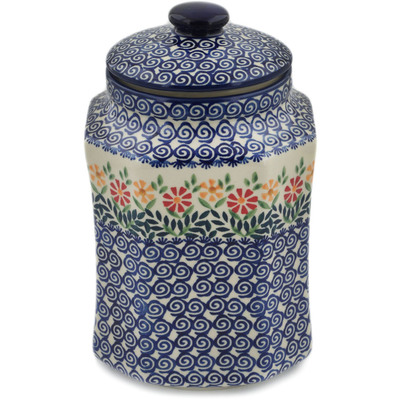 Polish Pottery Jar with Lid 9&quot; Wave Of Flowers
