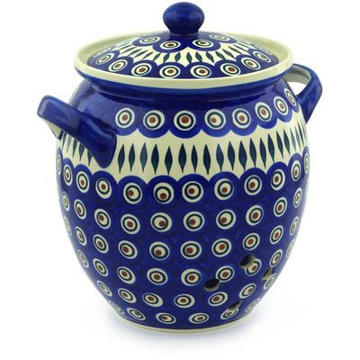Polish Pottery Jar with Lid and Handles 10&quot; Blue Peacock
