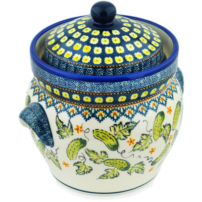 Polish Pottery Jar with Lid and Handles 10&quot; Cucumber Patch