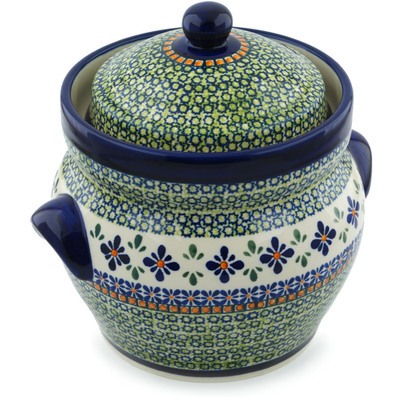 Polish Pottery Jar with Lid and Handles 10&quot; Gingham Flowers