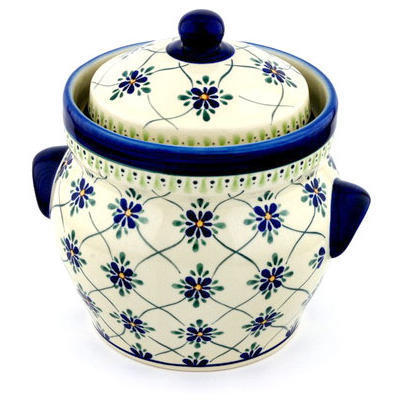 Polish Pottery Jar with Lid and Handles 10&quot; Gingham Trellis