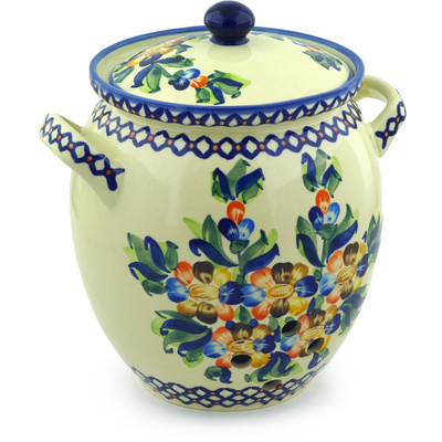 Polish Pottery Jar with Lid and Handles 10&quot; Lace Collar UNIKAT