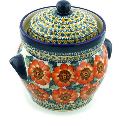 Polish Pottery Jar with Lid and Handles 10&quot; Peach Poppies UNIKAT