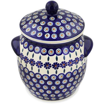 Polish Pottery Jar with Lid and Handles 10&quot; Peacock