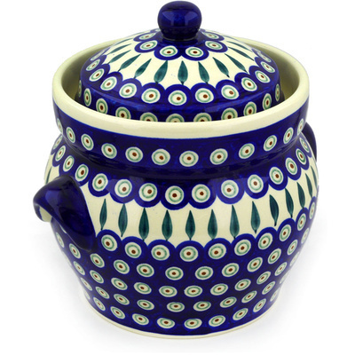 Polish Pottery Jar with Lid and Handles 10&quot; Peacock Leaves