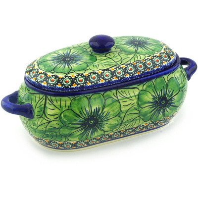 Polish Pottery Jar with Lid and Handles 10&quot; Rainforest UNIKAT