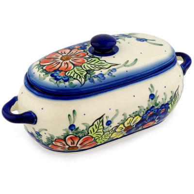 Polish Pottery Jar with Lid and Handles 10&quot; Summertime Blues UNIKAT