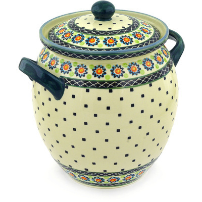 Polish Pottery Jar with Lid and Handles 10&quot; Sunburt Circle
