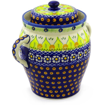 Polish Pottery Jar with Lid and Handles 10&quot; Sunflower Power UNIKAT