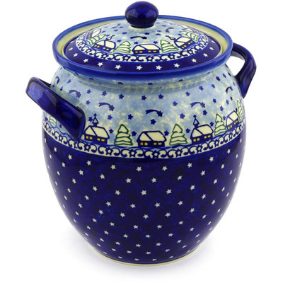 Polish Pottery Jar with Lid and Handles 10&quot; Village Stars UNIKAT