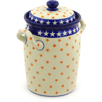 Polish Pottery Jar with Lid and Handles 11&quot; American Dream