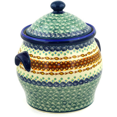 Polish Pottery Jar with Lid and Handles 11&quot; Artichoke Heart UNIKAT
