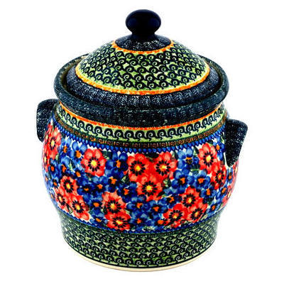 Polish Pottery Jar with Lid and Handles 11&quot; Blue And Red Poppies UNIKAT