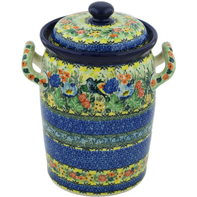 Polish Pottery Jar with Lid and Handles 11&quot; Blue Bird Delight UNIKAT