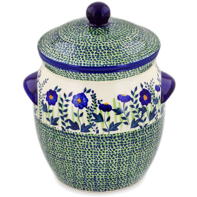 Polish Pottery Jar with Lid and Handles 11&quot; Blue Fields UNIKAT