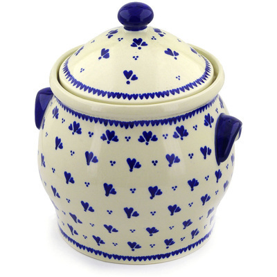 Polish Pottery Jar with Lid and Handles 11&quot; Blue Heart Trio