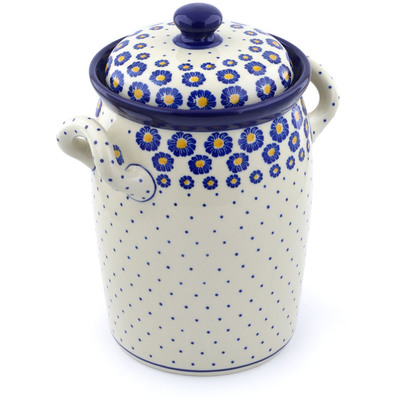Polish Pottery Jar with Lid and Handles 11&quot; Blue Zinnia