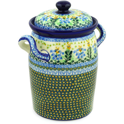Polish Pottery Jar with Lid and Handles 11&quot; Bluebells And Irises UNIKAT