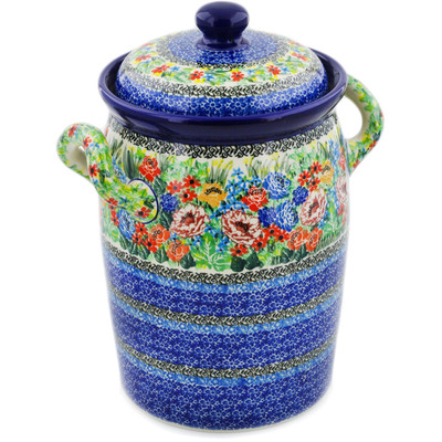 Polish Pottery Jar with Lid and Handles 11&quot; Carnation Valley UNIKAT