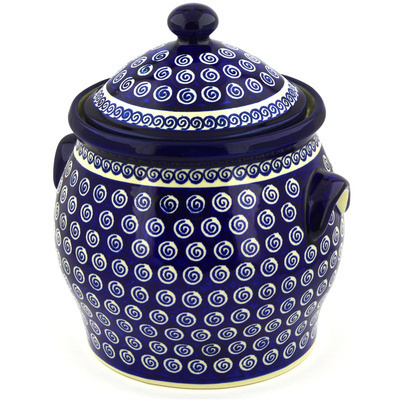 Polish Pottery Jar with Lid and Handles 11&quot; Cobalt Swirl