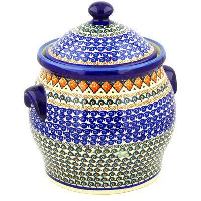 Polish Pottery Jar with Lid and Handles 11&quot; Coral Diamonds UNIKAT