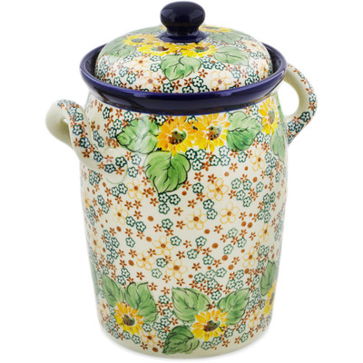 Polish Pottery Jar with Lid and Handles 11&quot; Country Sunflower UNIKAT