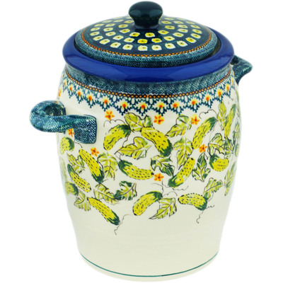 Polish Pottery Jar with Lid and Handles 11&quot; Cucumber Patch