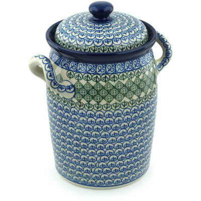 Polish Pottery Jar with Lid and Handles 11&quot; Fleur De Lis