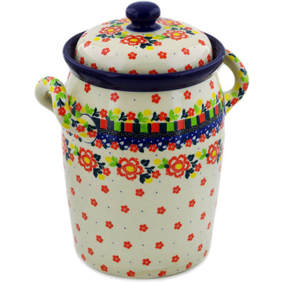 Polish Pottery Jar with Lid and Handles 11&quot; Floral Puzzles UNIKAT
