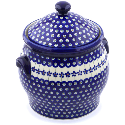 Polish Pottery Jar with Lid and Handles 11&quot; Flowering Peacock