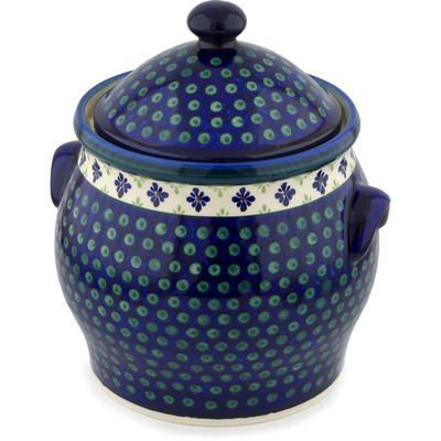 Polish Pottery Jar with Lid and Handles 11&quot; Green Gingham Peacock