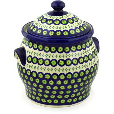Polish Pottery Jar with Lid and Handles 11&quot; Green Laurel Peacock