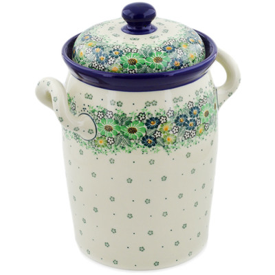 Polish Pottery Jar with Lid and Handles 11&quot; Green Wreath UNIKAT