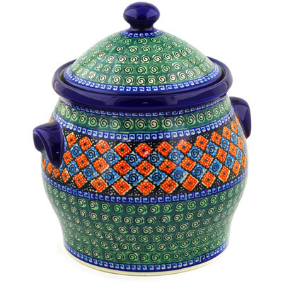 Polish Pottery Jar with Lid and Handles 11&quot; Harlequin UNIKAT