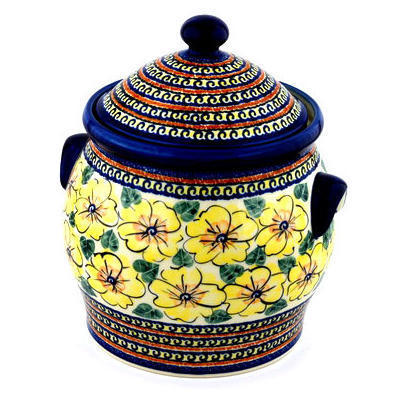 Polish Pottery Jar with Lid and Handles 11&quot; Lemon Poppies UNIKAT