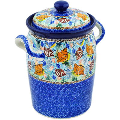 Polish Pottery Jar with Lid and Handles 11&quot; Ocean Whisper UNIKAT