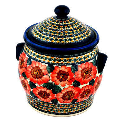 Polish Pottery Jar with Lid and Handles 11&quot; Peach Poppies UNIKAT